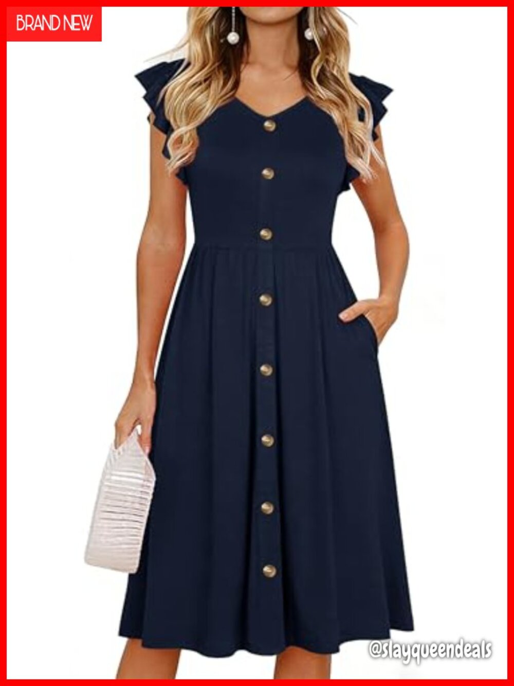 Women's Ruffle Sleeve V-Neck Button Down Midi Swing Dress with Pockets
